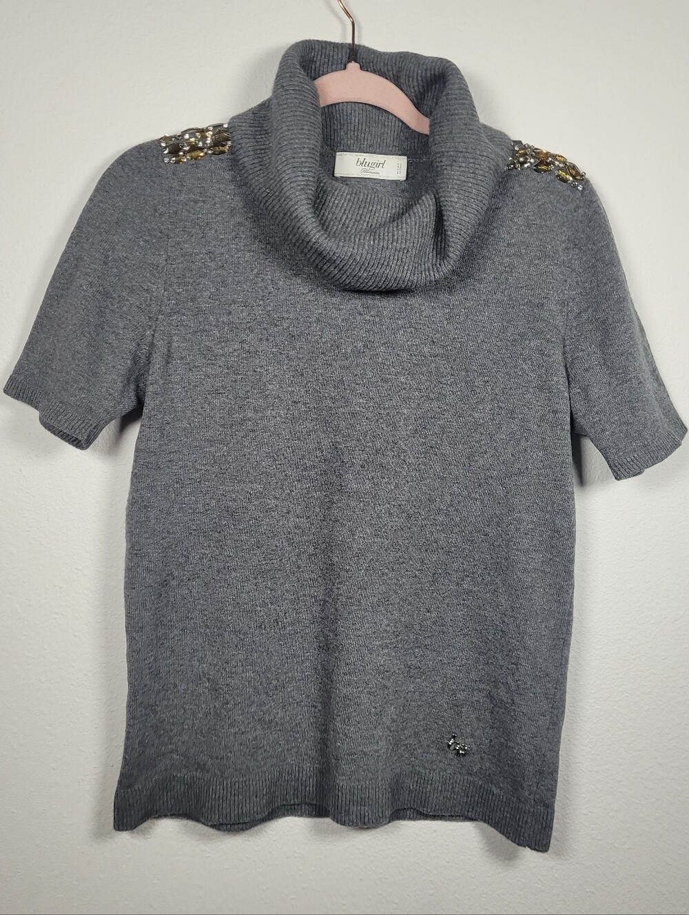Blugirl Blumarine Wool Cashmere Silk Blend Gem Embellished Cowl Neck Top Grey S